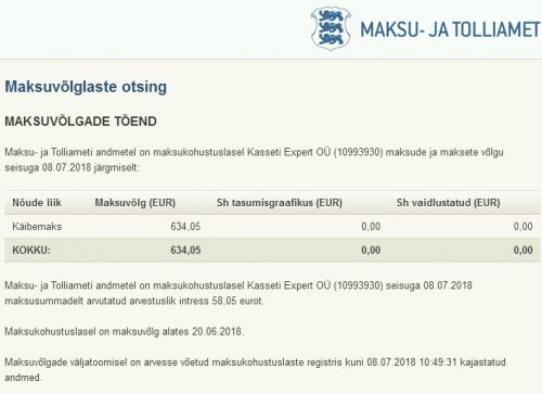 Maksukohustuslasel Kasseti Expert OÜ (10993930) maksude ja maksete võlg seisuga 08.07.2018