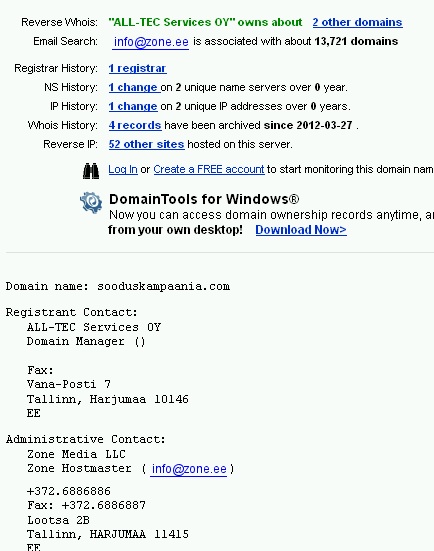 566-sooduskampaania.com-domeen-whois-all-tec All-Tec Services OÜ omanduses on domeen sooduskampaania.com ja jätkavad ilmselt sealt, kus lõpetas 2011. aasta mais kustutatud All-Tec OÜ.