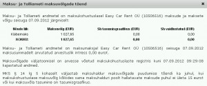 Easy Car Rent OÜ maksuvõlg 7.09.2012 seisuga Äriregistri lehelt