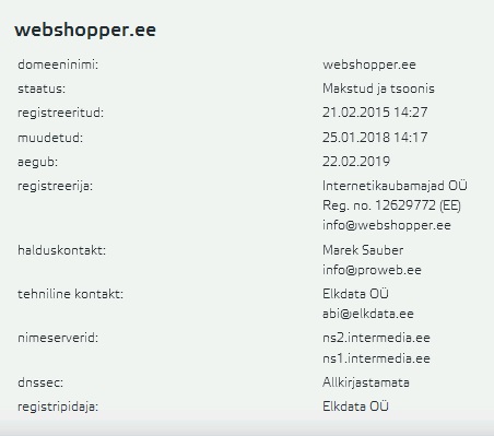 webshopper.ee omanik on Internetikaubamajad OÜ 