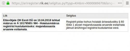 Ettevõtjale OH Eesti OÜ on 10.04.2018 tehtud määrus nr Ä 10179565 / M4 - Hoiatusmäärus registrist kustutamiseks: