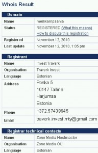 whois meilikampaania.eu kohta traverk invest spam