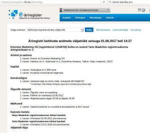 Esmakande aeg: 20.09.2012, 21.04.2017.a määrusega nr Ä 10173992 / 4 otsustati kustutada Urmo Valle nimel olev Estonian Marketing OÜ (registrikood 12348783) äriregistrist.