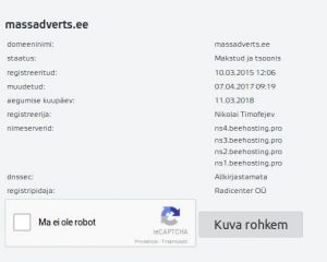 whois info massadverts.ee on registreeritud 10.03.2015 ja selle omanik on eraisik Nikolai Timofejev
