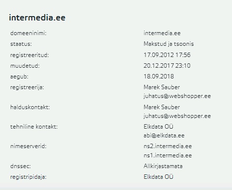 domeeni intermedia.ee omanik on eraisik Marek Sauber